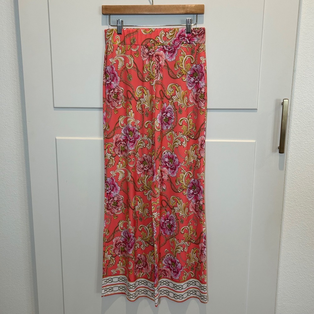Women's Pink Floral Chain Print Wide Leg Pants High‎ Waisted Palazzo Flowy Boho